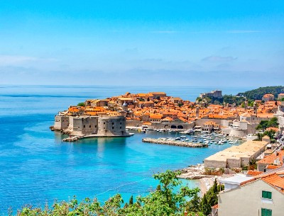 View of Dubrovnik walled city with turquoise water