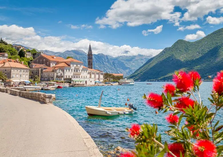 Historic town of Perast at Bay of Kotor in summer, Montenegro