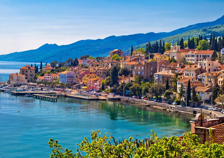 Town of Volosko waterfront panoramic view, Kvarner bay, Croatia
