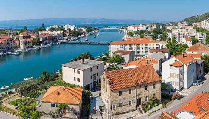 Morning panorama of Omis. Sunny day.